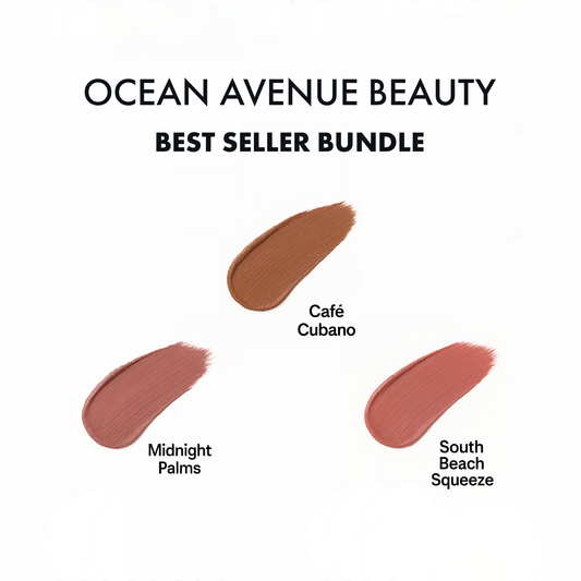 Best Seller Bundle—Ocean Avenue Beauty peel-off lip stain swatches: Café Cubano, South Beach Squeeze, Midnight Palms.
