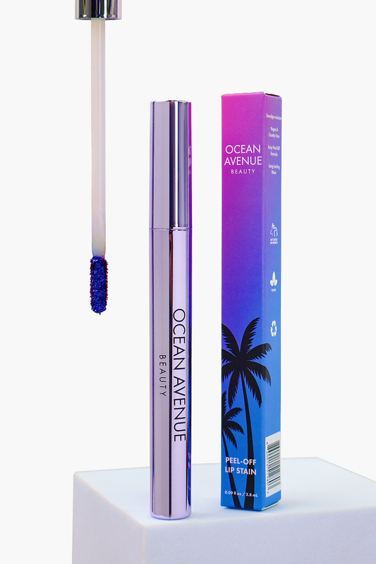 Midnight Palms peel-off lip stain with doe-foot applicator and box — Ocean Avenue Beauty.