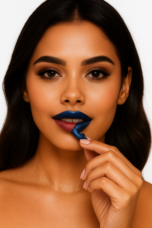 Close-up of woman peeling off blue peel-off lip stain—Ocean Avenue Beauty demo