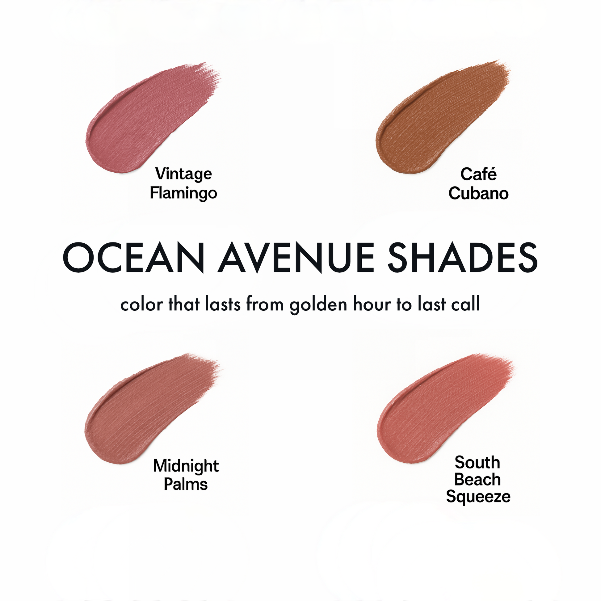 Shade chart for Ocean Avenue Beauty peel-off lip stain: Vintage Flamingo, Café Cubano, Midnight Palms, South Beach Squeeze.