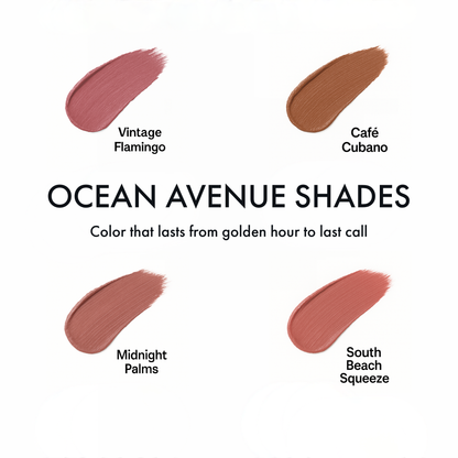 Shade chart for Ocean Avenue Beauty peel-off lip stain: Vintage Flamingo, Café Cubano, Midnight Palms, South Beach Squeeze.